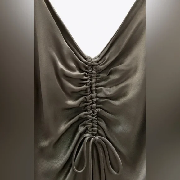 Zara Ruched Slip Dress Midi Satin Feel Size XS Grey Cocktail Party - Picture 8 of 10